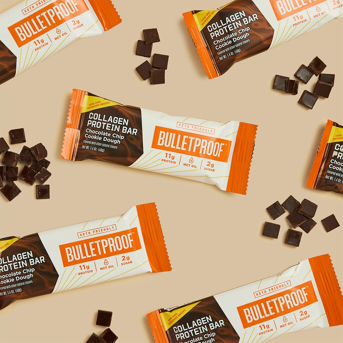 Keto-Friendly Bulletproof Collagen Protein Bars with Chocolate Chips, 12-Pack, MCT Oil, Grass-fed, No Sugar