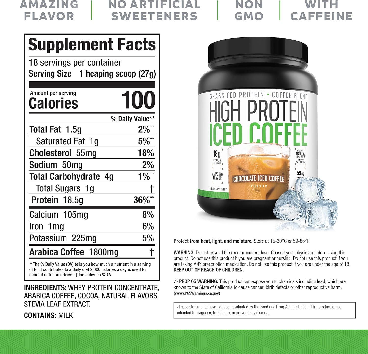 Keto-Friendly Chocolate Iced Coffee with 18g Protein - Natural Ingredients, Low Carb - 18 Servings