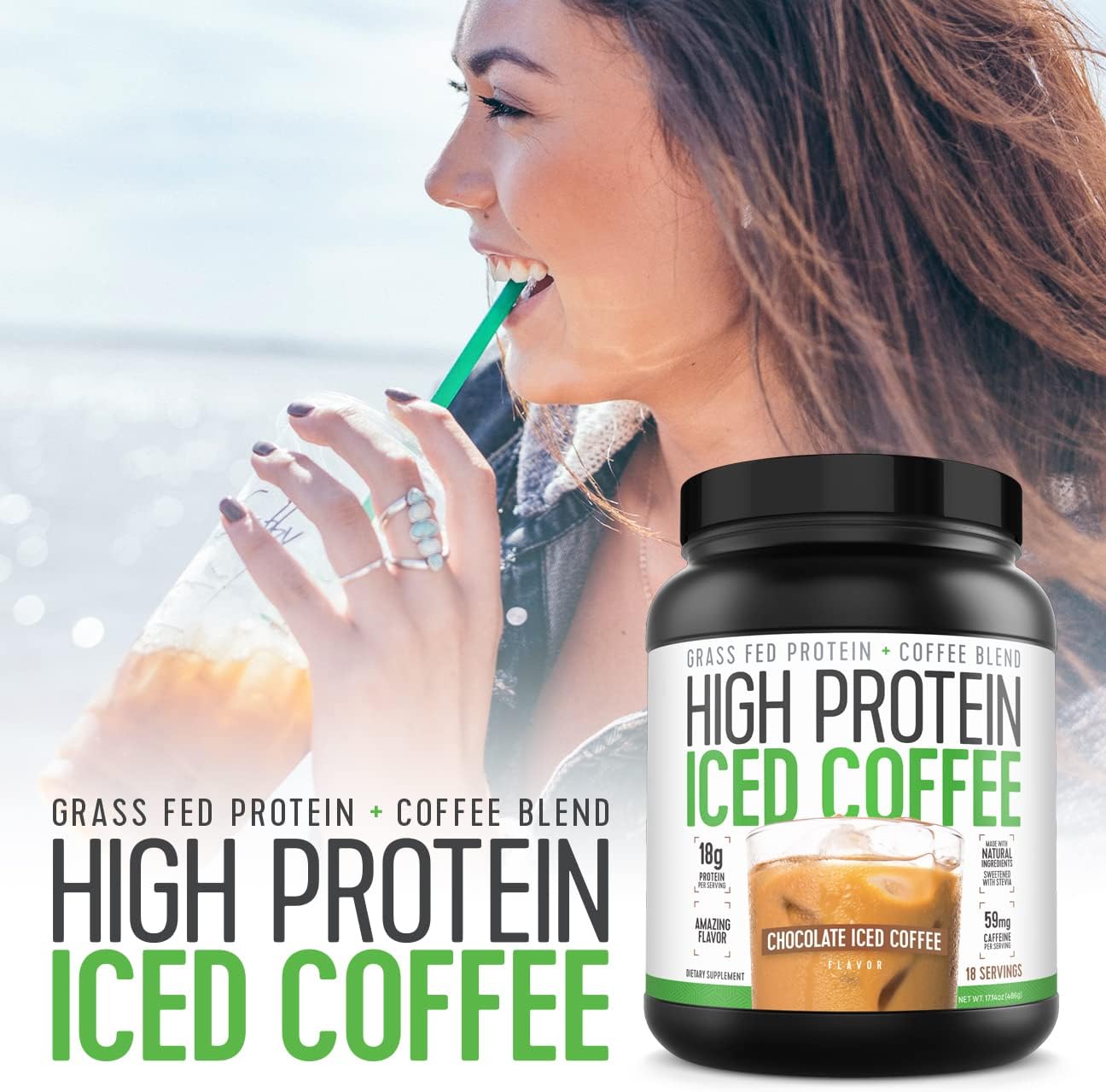 Keto-Friendly Chocolate Iced Coffee with 18g Protein - Natural Ingredients, Low Carb - 18 Servings