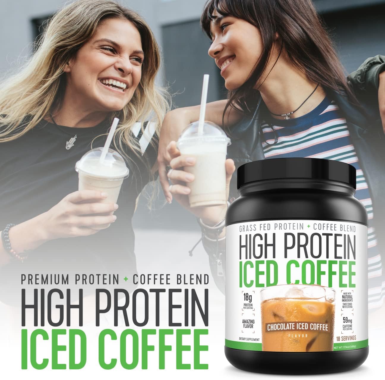 Keto-Friendly Chocolate Iced Coffee with 18g Protein - Natural Ingredients, Low Carb - 18 Servings