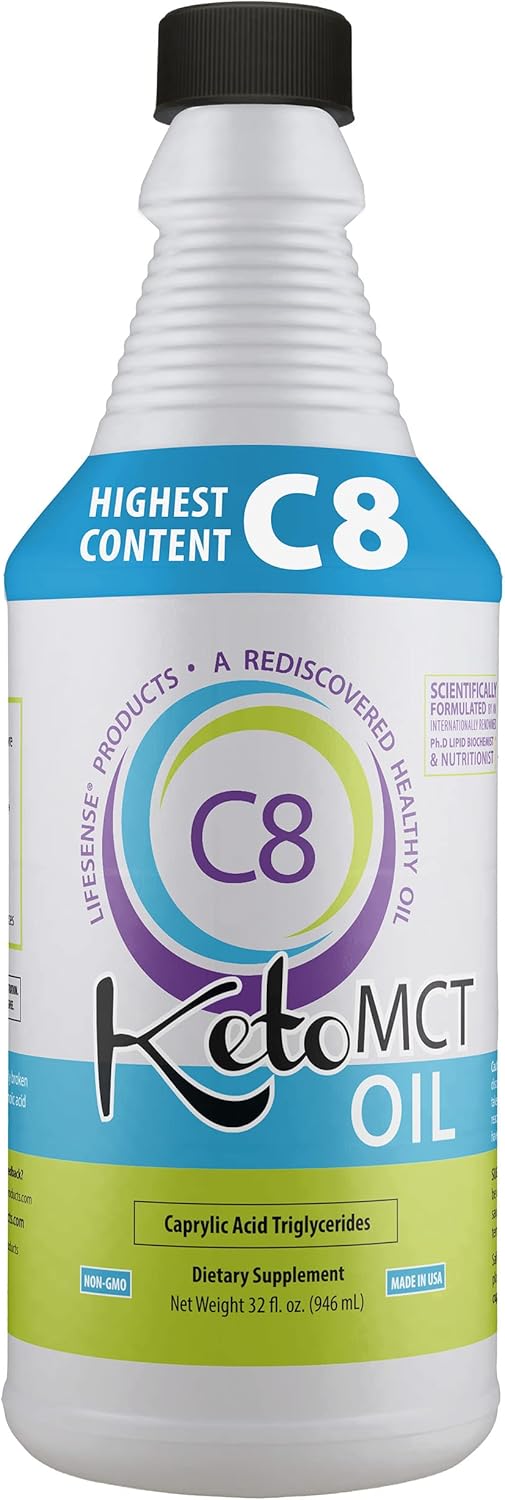 Keto-Friendly LIFESENSE C8 MCT Oil from Coconut Oil - Clinically Proven to Boost Ketone Production - Optimal Brain and Body Fuel - 32 oz USA-made by PhD Nutrition
