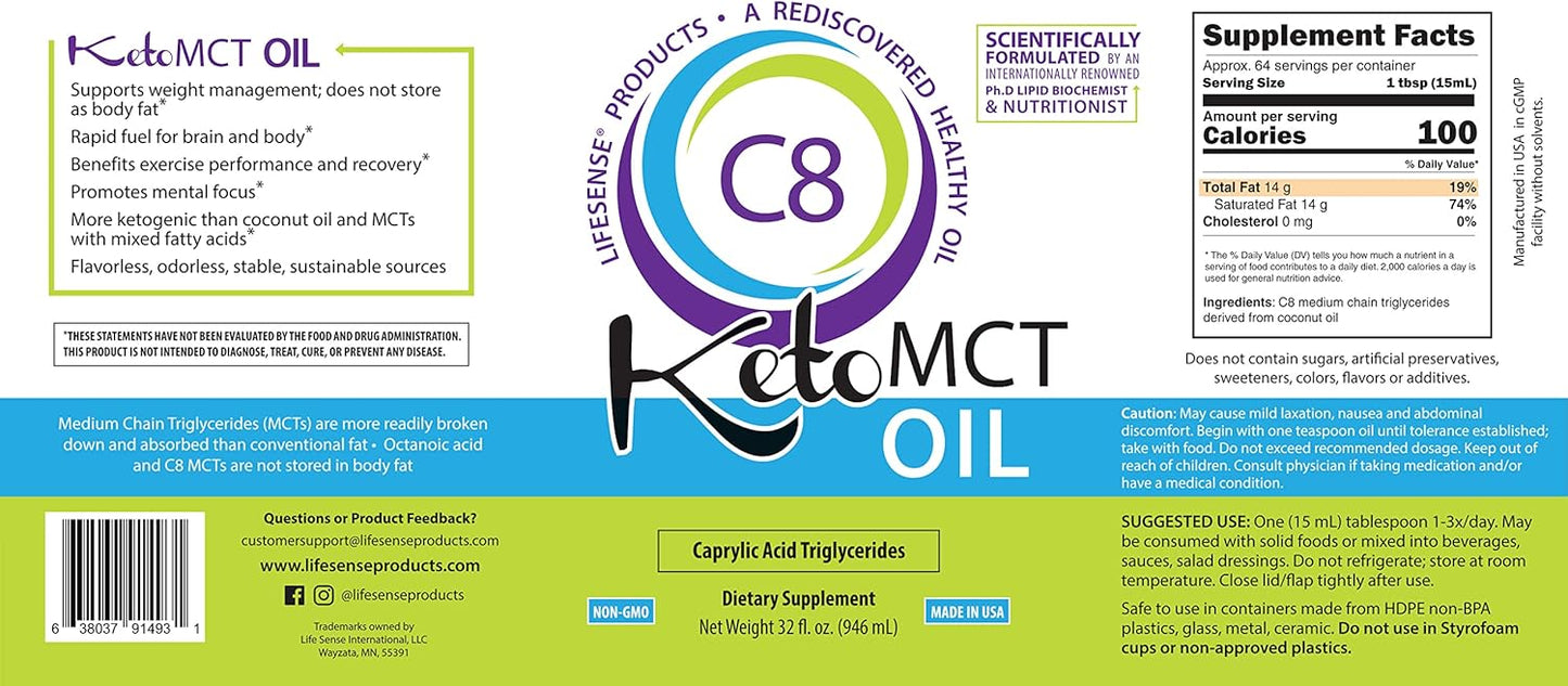 Keto-Friendly LIFESENSE C8 MCT Oil from Coconut Oil - Clinically Proven to Boost Ketone Production - Optimal Brain and Body Fuel - 32 oz USA-made by PhD Nutrition