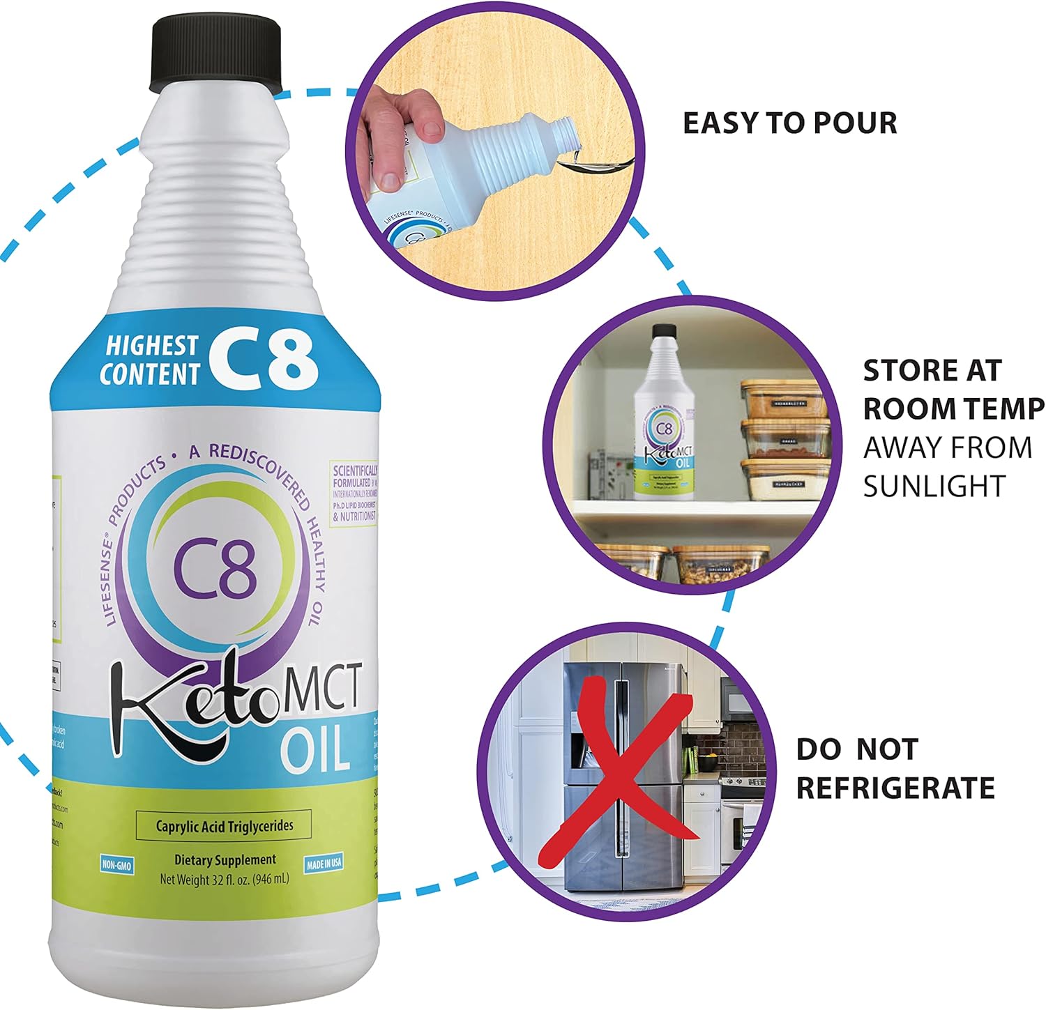 Keto-Friendly LIFESENSE C8 MCT Oil from Coconut Oil - Clinically Proven to Boost Ketone Production - Optimal Brain and Body Fuel - 32 oz USA-made by PhD Nutrition
