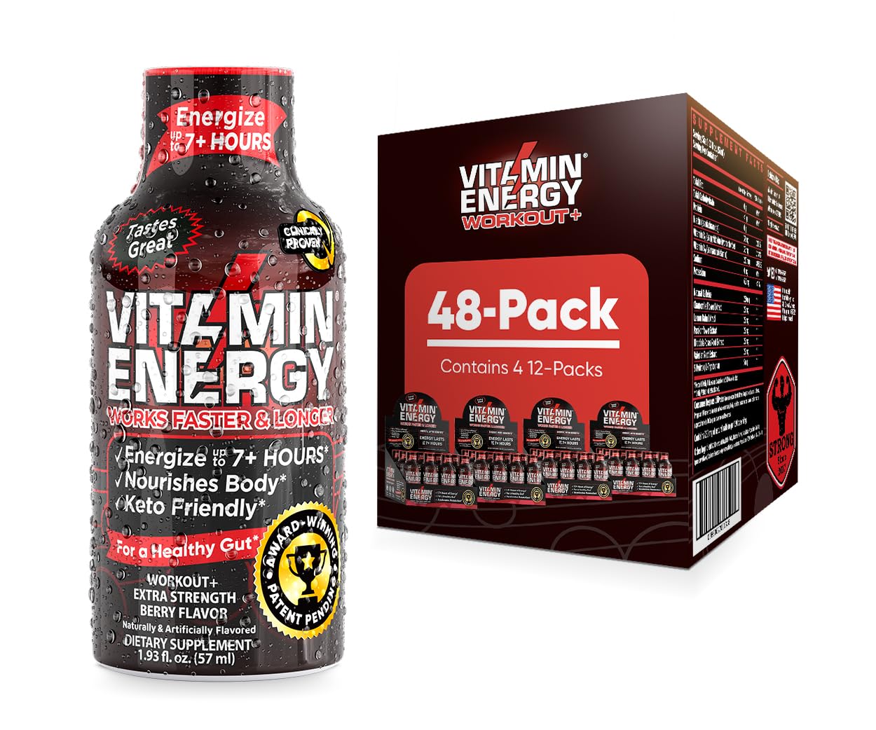 Keto-Friendly Pre Workout Energy Shots with Clean Green Tea Caffeine - Berry Flavor - 1.93 Fl Oz (Pack of 48) | Natural Endurance Blend for 7+ Hours of Energy