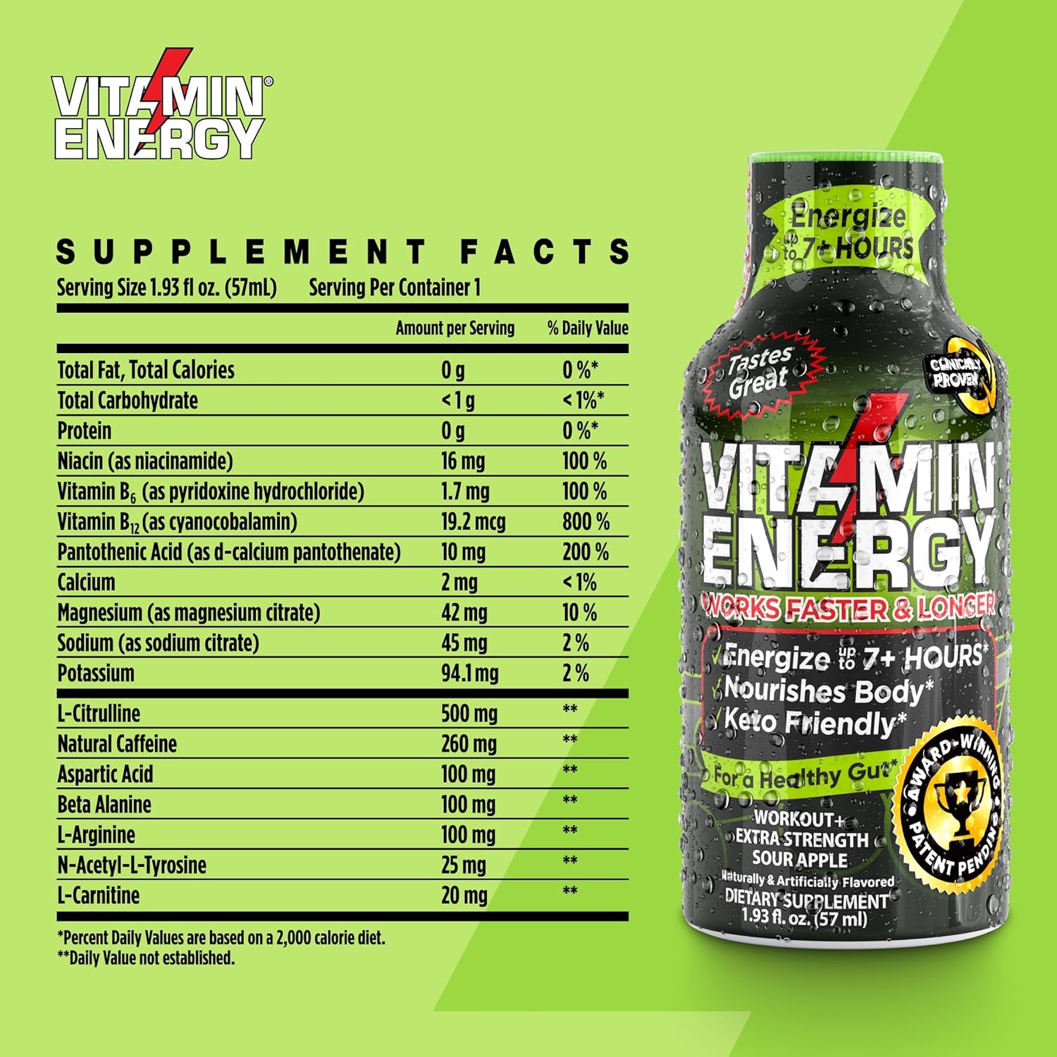 Keto-Friendly Sugar-Free Pre-Workout Shots with Clean Green Tea Caffeine - Sour Apple Flavor - 1.93 Fl Oz (Pack of 24)