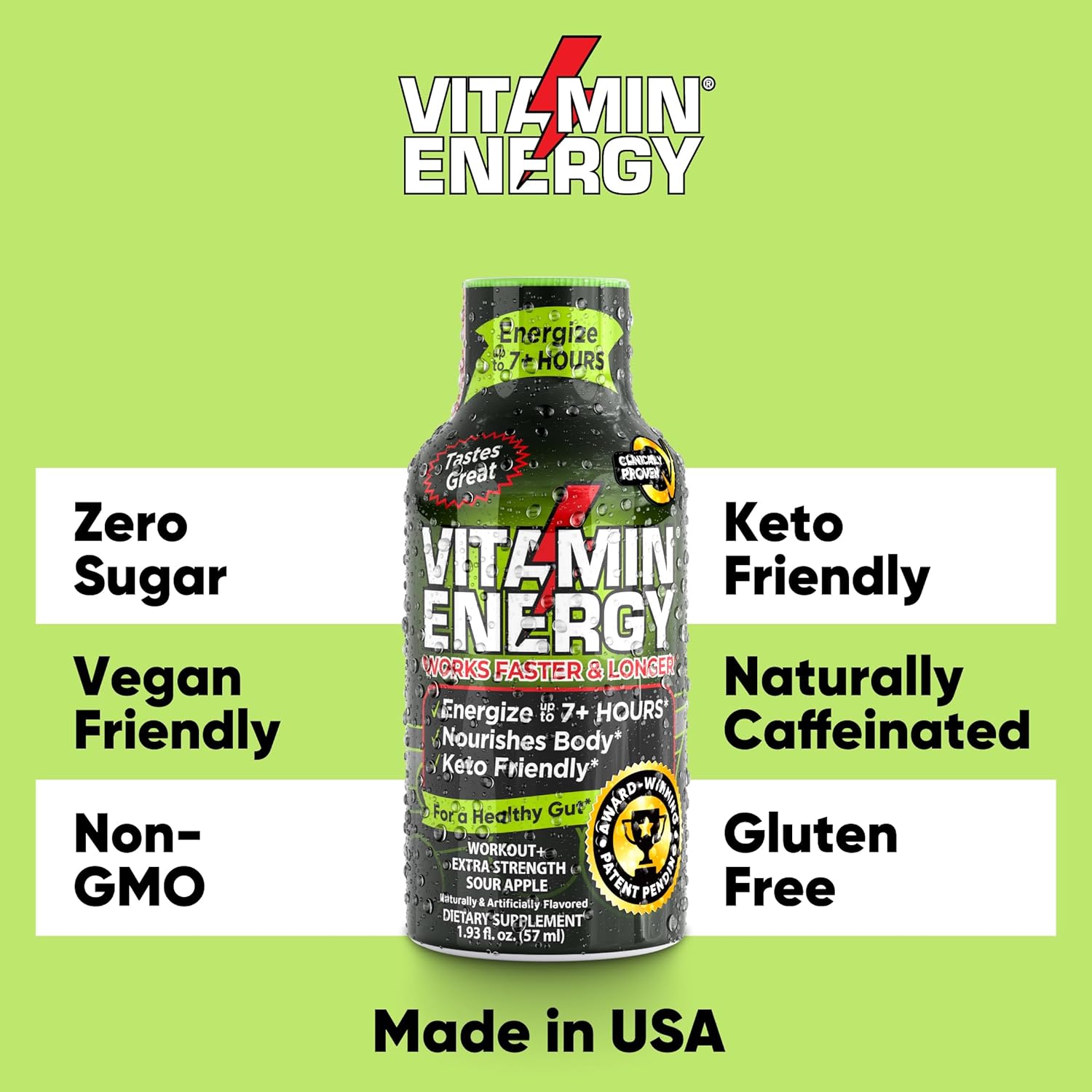 Keto-Friendly Sugar-Free Pre Workout Shots with Green Tea Caffeine for Long-Lasting Energy - Sour Apple (Pack of 12)