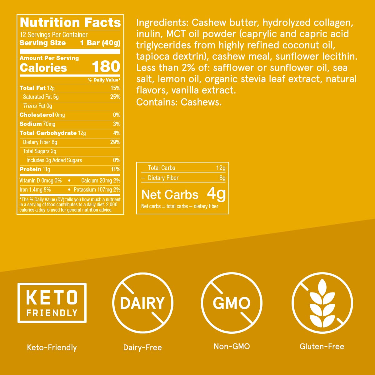 Keto Lemon Cookie Collagen Protein Bars with MCT Oil, Grass-fed & Sugar-Free - Pack of 12