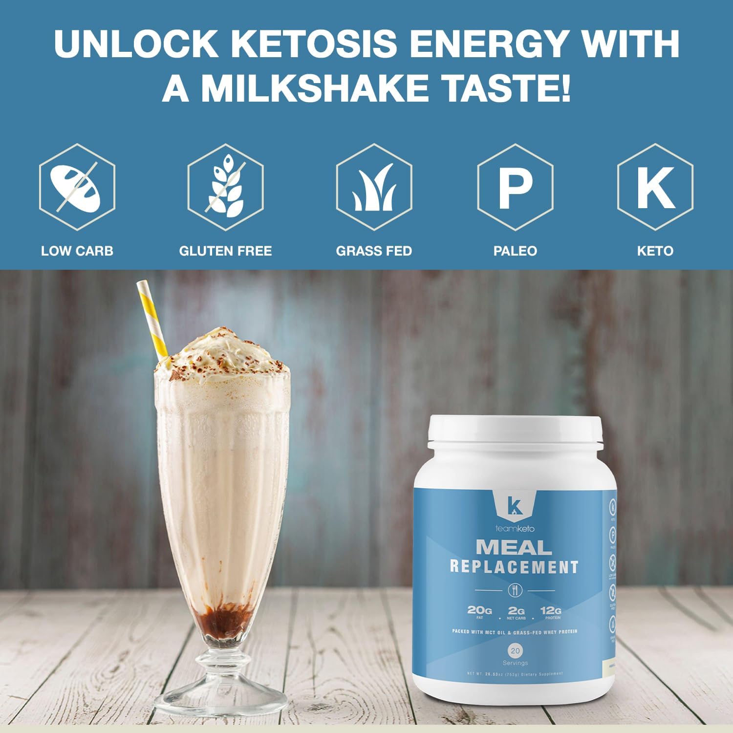 Keto Meal Replacement Powder with MCT Powder, Grass-fed Whey Protein, Coconut Oil - Gluten Free, Low Carbs, Energy Boost - 742g Vanilla Flavor