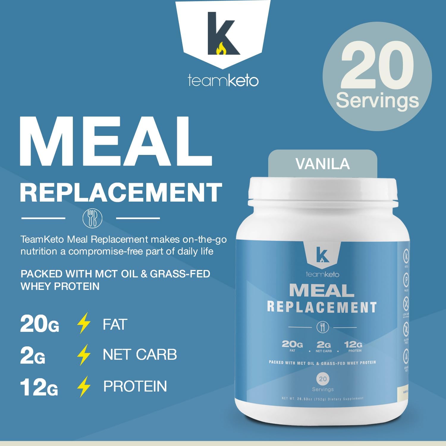 Keto Meal Replacement Powder with MCT Powder, Grass-fed Whey Protein, Coconut Oil - Gluten Free, Low Carbs, Energy Boost - 742g Vanilla Flavor