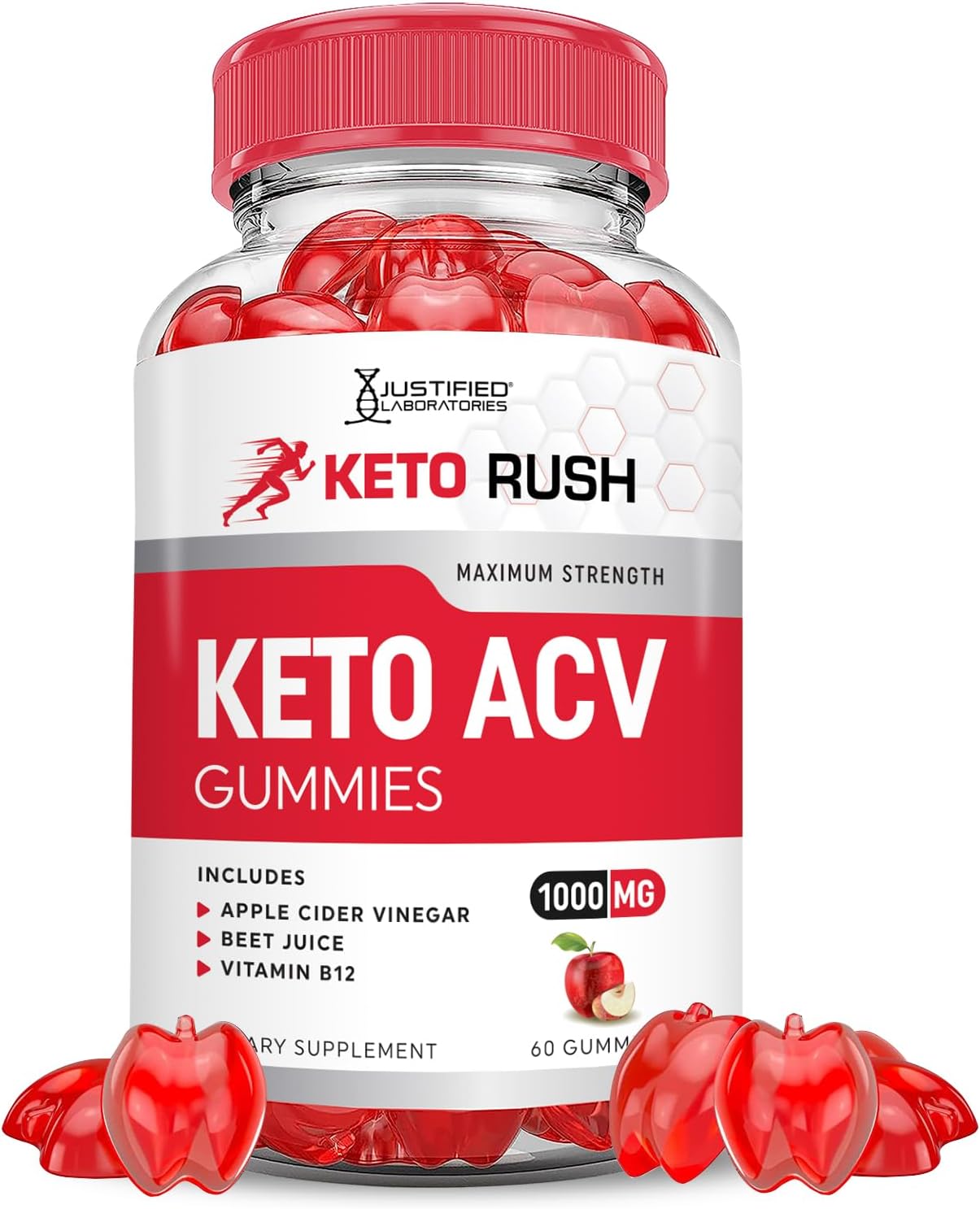 Keto Rush ACV Gummies with Pomegranate & Beet Juice Powder - 1000MG Formula, Vegan & Non-GMO - 60 Gummies