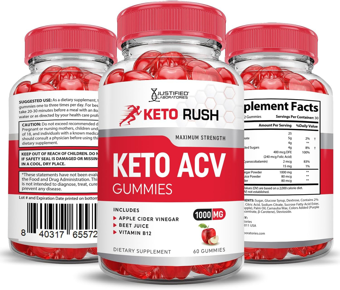 Keto Rush ACV Gummies with Pomegranate & Beet Juice Powder - 1000MG Formula, Vegan & Non-GMO - 60 Gummies
