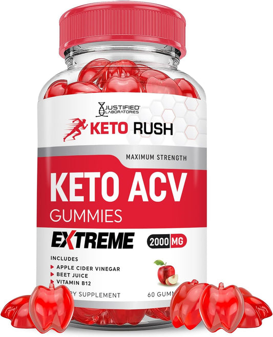 Keto Rush Keto ACV Gummies Extreme with Pomegranate Beet Juice Powder - 2000MG, B12, Vegan, Non GMO - 60 Gummies