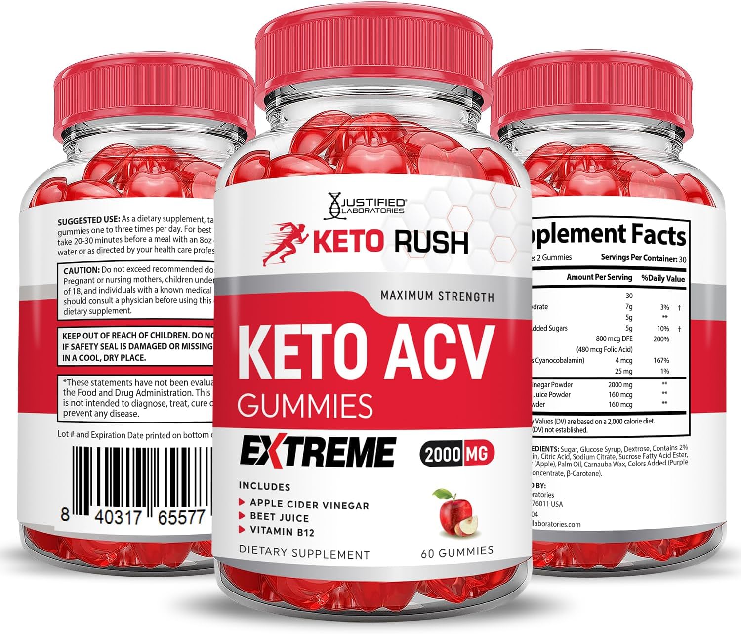 Keto Rush Keto ACV Gummies Extreme with Pomegranate Beet Juice Powder - 2000MG, B12, Vegan, Non GMO - 60 Gummies