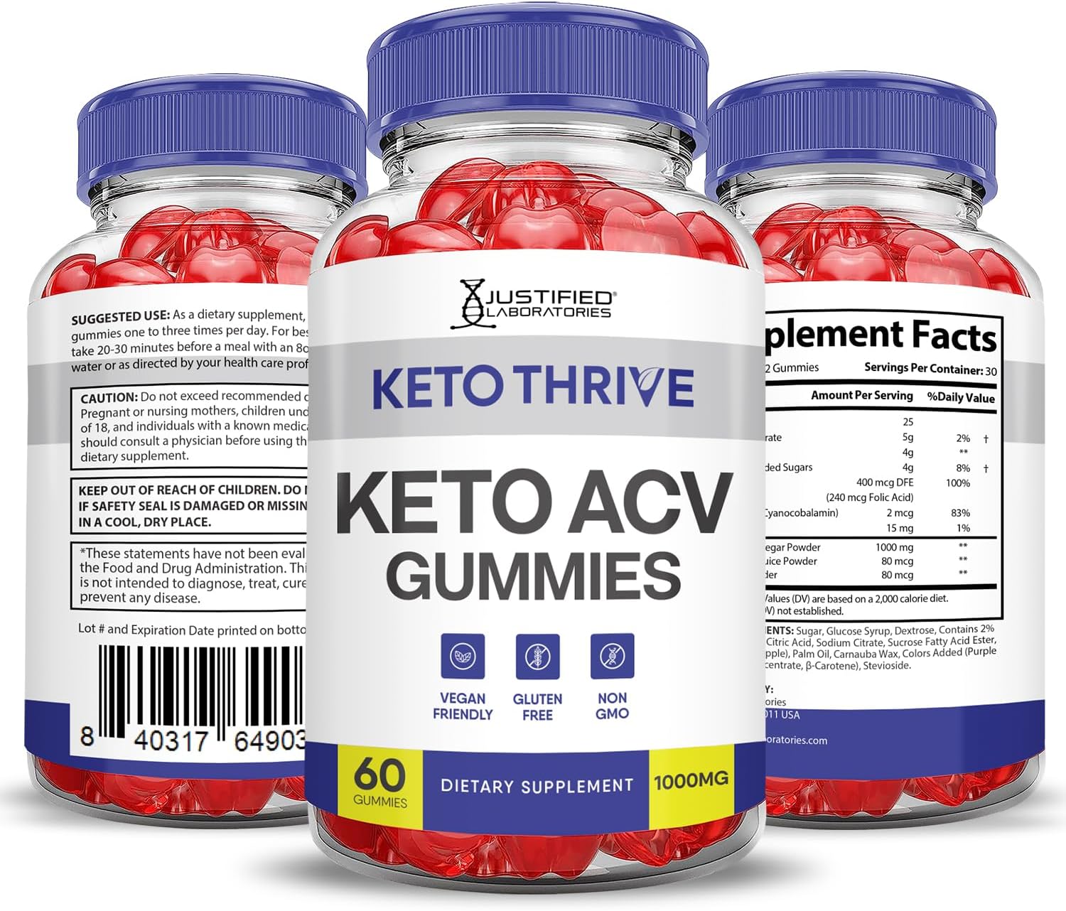 Keto Thrive Keto ACV Gummies 1000MG (3 Pack) - Apple Cider Vinegar with Pomegranate Beet Juice, B12, Vegan, Non GMO - 180 Gummies