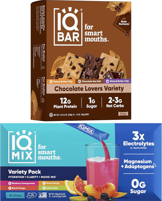 Keto Variety Pack: IQBAR Brain & Body Protein Bars + IQMIX Electrolyte Packets with Lions Mane - Low Carb, Vegan & Sugar Free