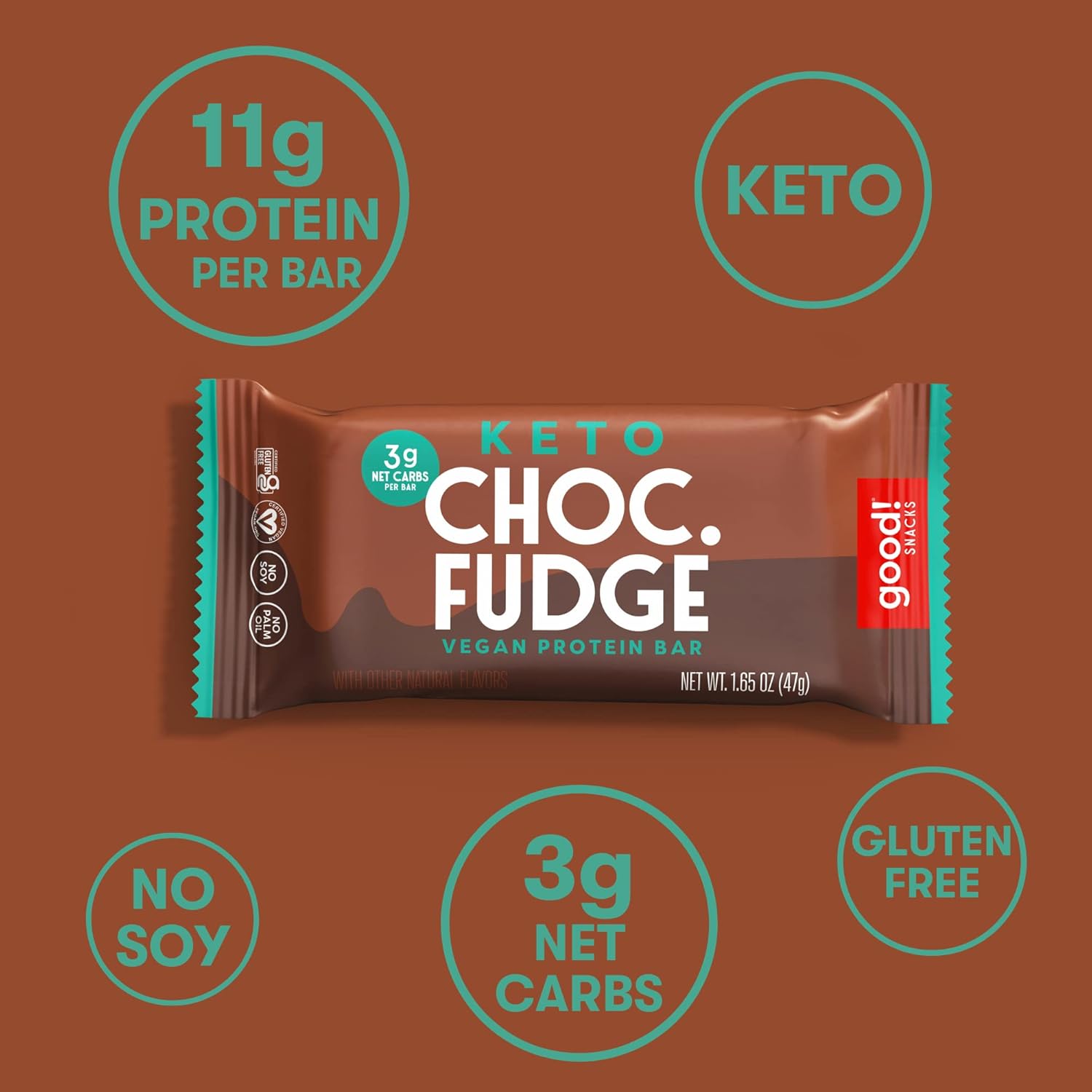 Keto Vegan Protein Bars, Chocolate Fudge Flavor, Gluten-Free and Low Carb Snack Bars - 11g Protein, 3g Net Carbs, 12 Bars