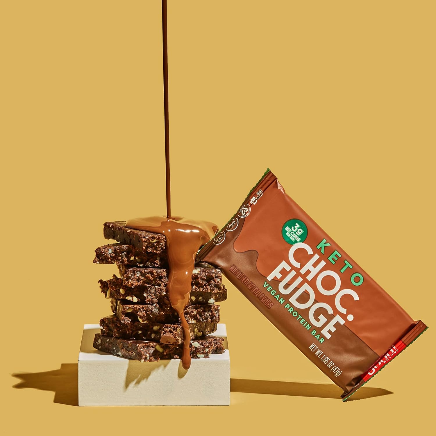 Keto Vegan Protein Bars, Chocolate Fudge Flavor, Gluten-Free and Low Carb Snack Bars - 11g Protein, 3g Net Carbs, 12 Bars