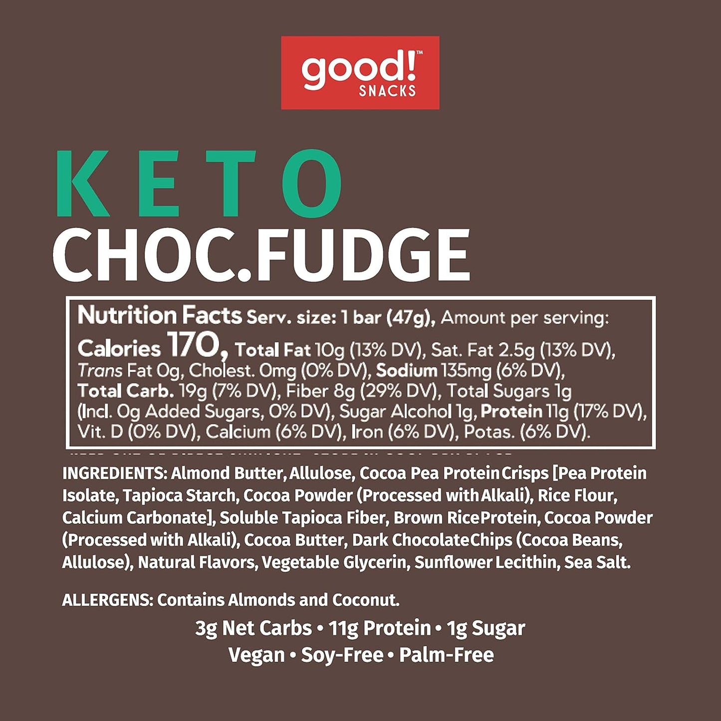 Keto Vegan Protein Bars, Chocolate Fudge Flavor, Gluten-Free and Low Carb Snack Bars - 11g Protein, 3g Net Carbs, 12 Bars