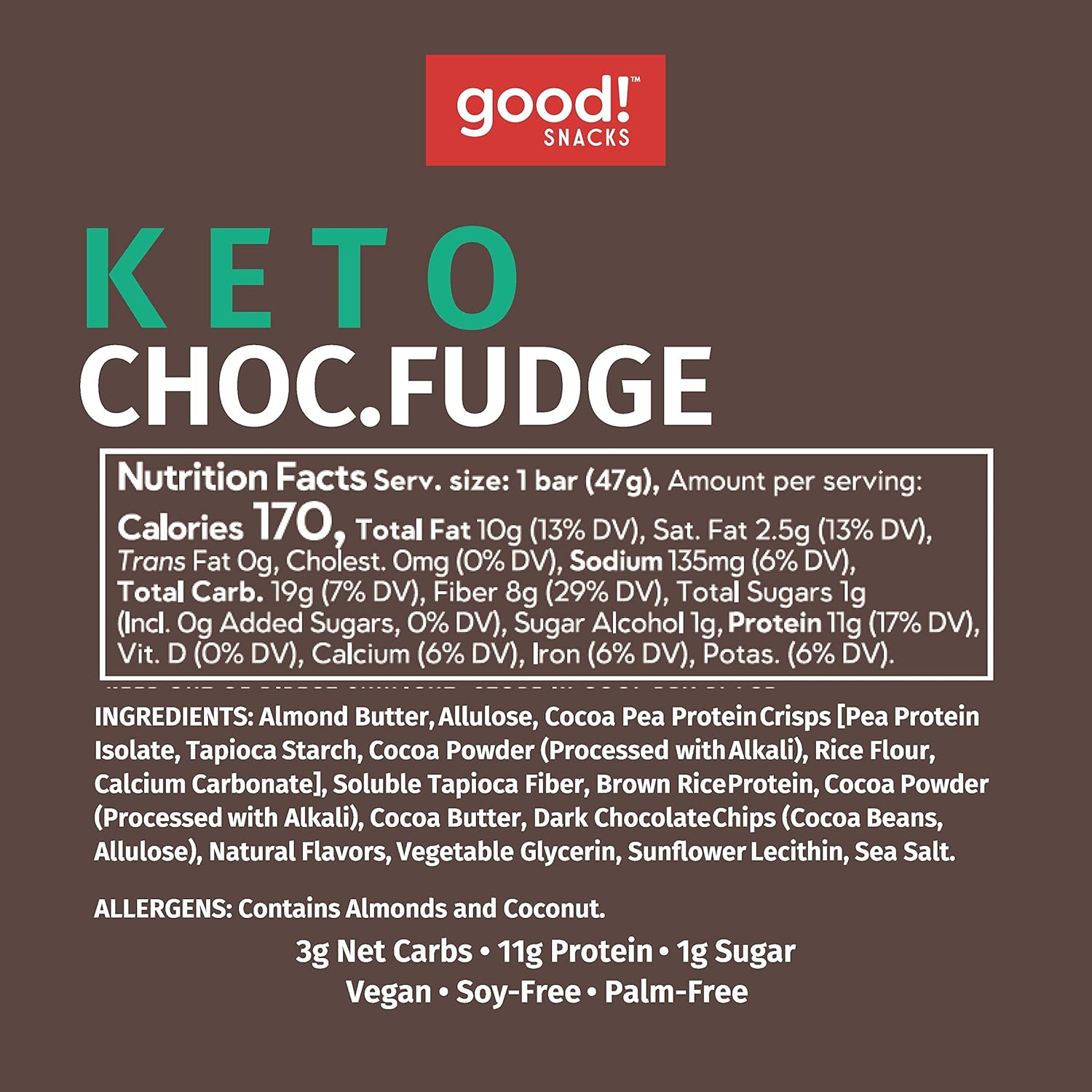 Keto Vegan Protein Bars, Chocolate Fudge Flavor, Gluten-Free and Low Carb Snack Bars - 11g Protein, 3g Net Carbs, 12 Bars