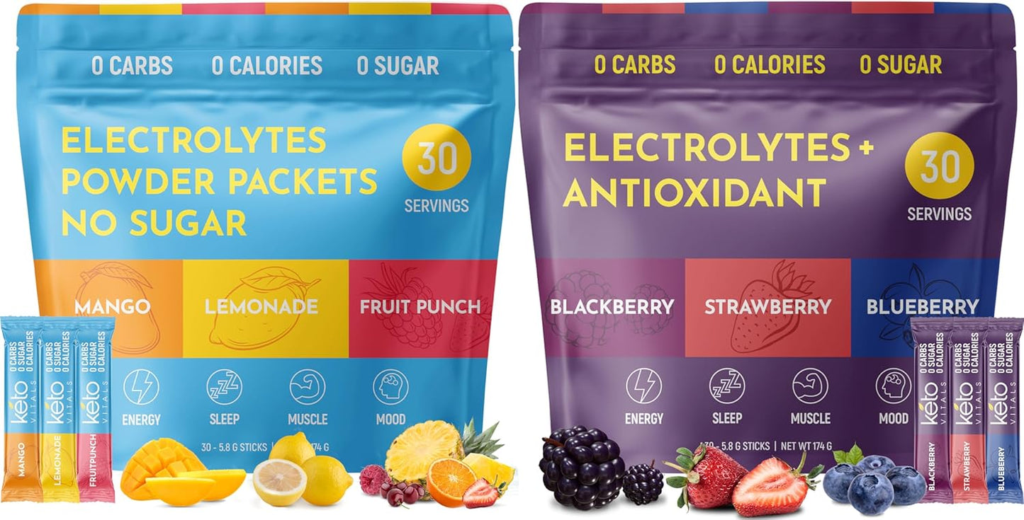 Keto Vitals Original & Berry Assorted Electrolyte Powder Packets Bundle - Keto Friendly Energy Drink Mix - Zero Calorie Travel Packets