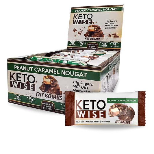 Keto Wise Chocolate Fat Bombs with MCT Oil - Low Carb Snack, 7g Fat, 2g Net Carbs - Peanut Caramel Nougat, Pack of 16