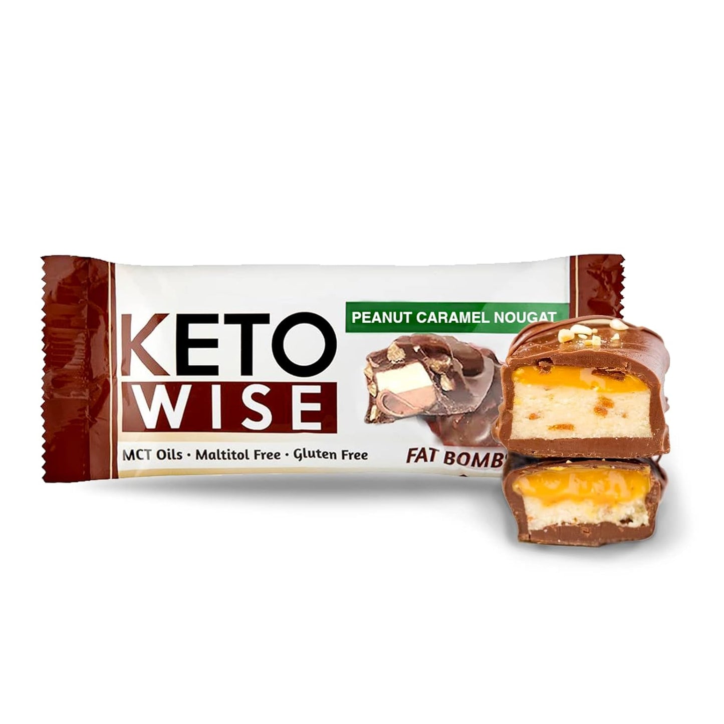 Keto Wise Chocolate Fat Bombs with MCT Oil - Low Carb Snack, 7g Fat, 2g Net Carbs - Peanut Caramel Nougat, Pack of 16