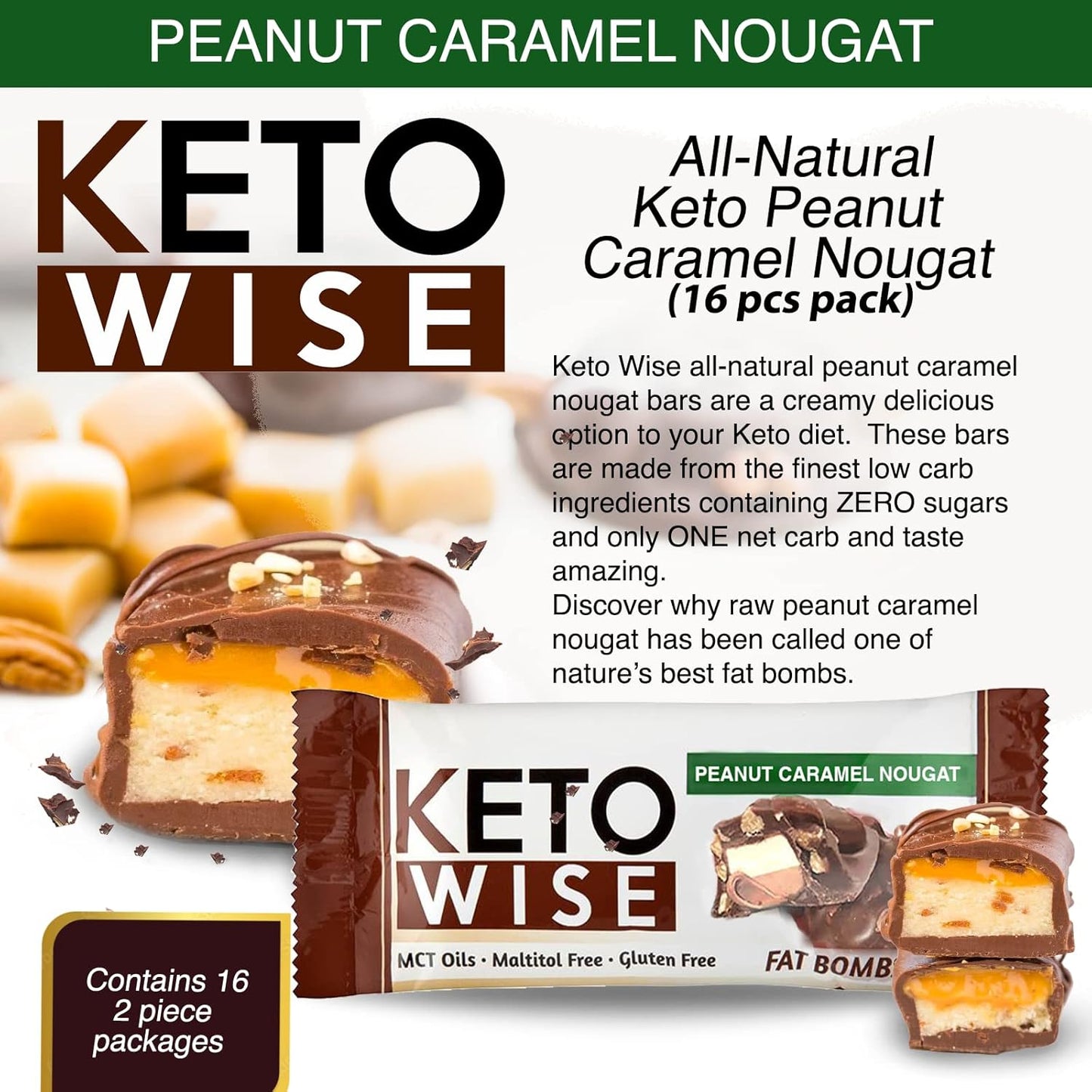 Keto Wise Chocolate Fat Bombs with MCT Oil - Low Carb Snack, 7g Fat, 2g Net Carbs - Peanut Caramel Nougat, Pack of 16