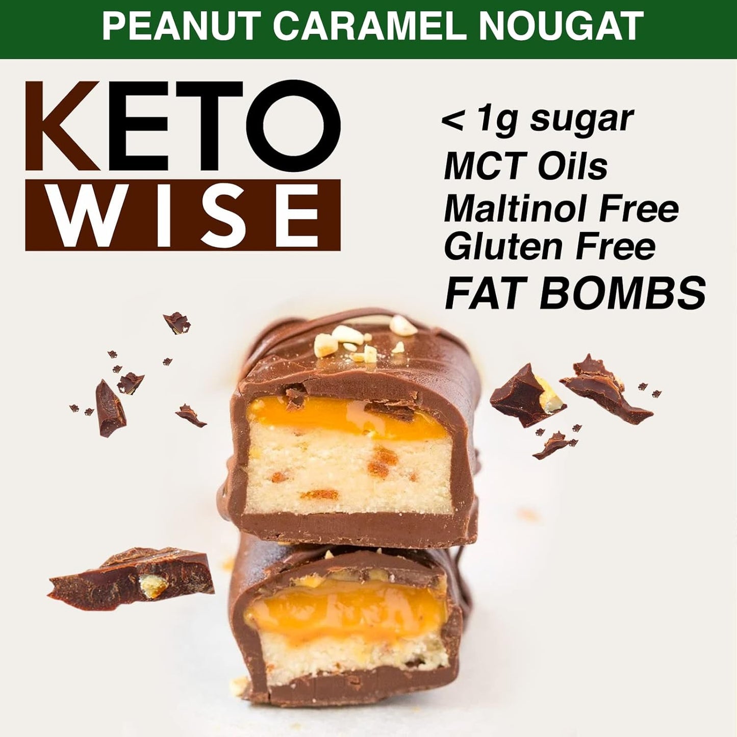 Keto Wise Chocolate Fat Bombs with MCT Oil - Low Carb Snack, 7g Fat, 2g Net Carbs - Peanut Caramel Nougat, Pack of 16