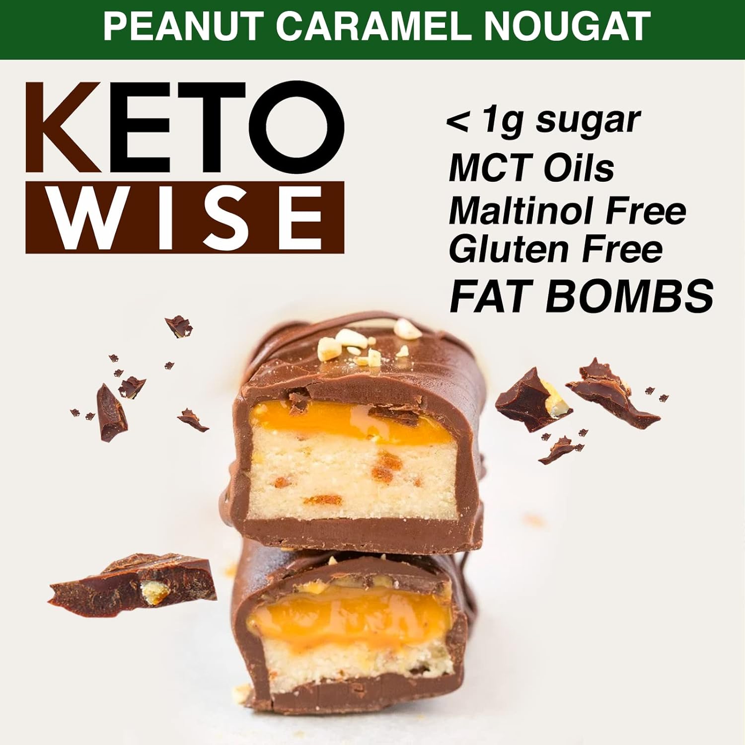Keto Wise Chocolate Fat Bombs with MCT Oil - Low Carb Snack, 7g Fat, 2g Net Carbs - Peanut Caramel Nougat, Pack of 16
