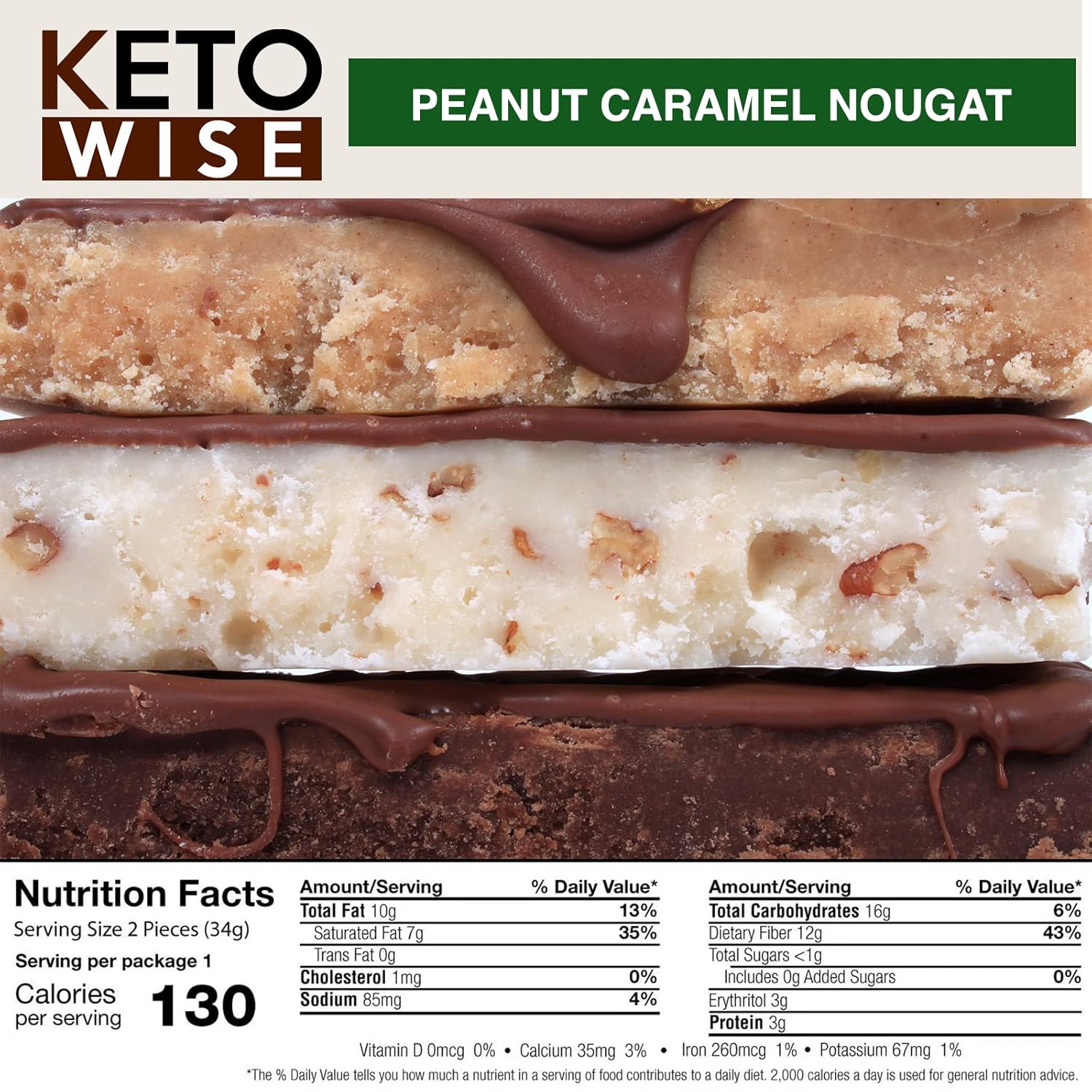 Keto Wise Chocolate Fat Bombs with MCT Oil - Low Carb Snack, 7g Fat, 2g Net Carbs - Peanut Caramel Nougat, Pack of 16