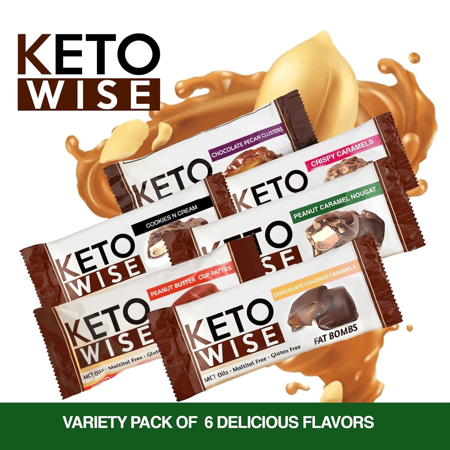 Keto Wise Chocolate Fat Bombs with MCT Oil - Low Carb Snack, 7g Fat, 2g Net Carbs - Peanut Caramel Nougat, Pack of 16