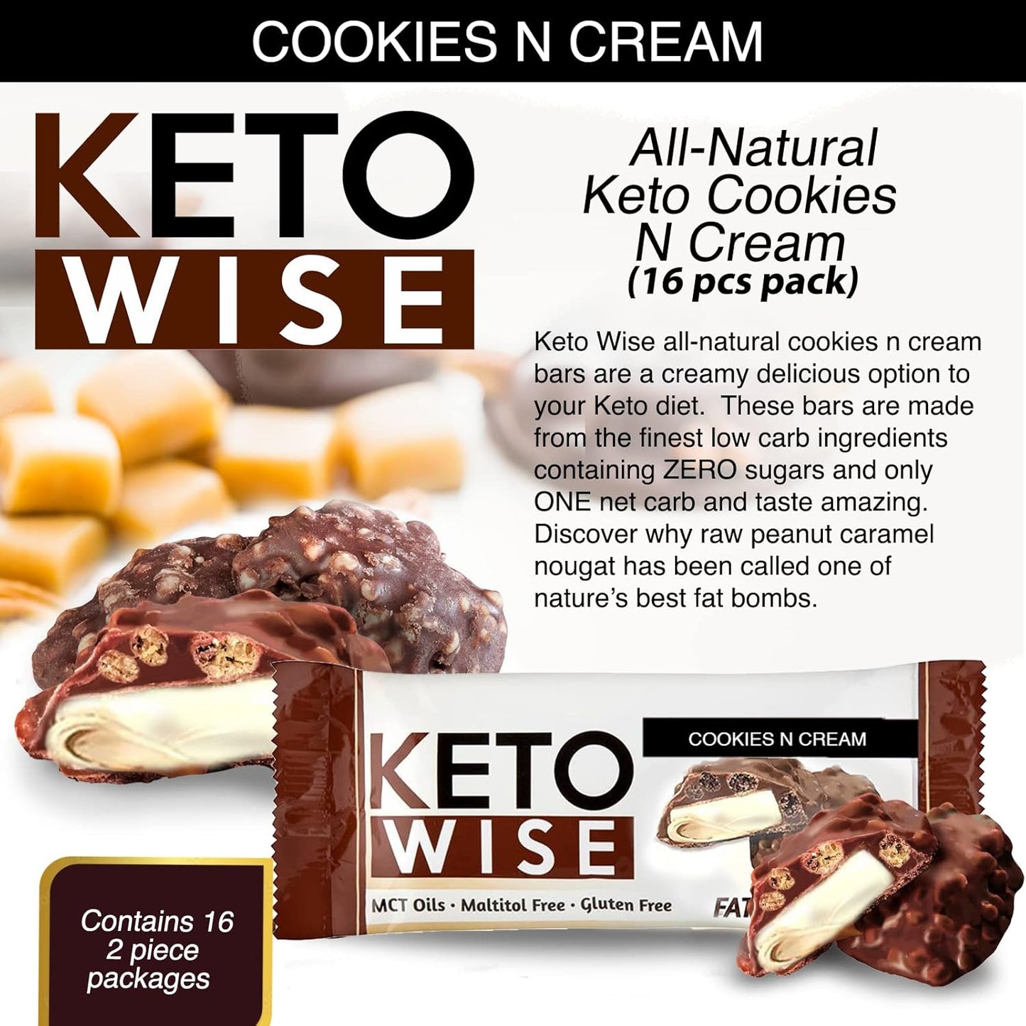 Keto Wise Cookies N Cream Fat Bombs - 16 Count Pack for Weight Loss Support
