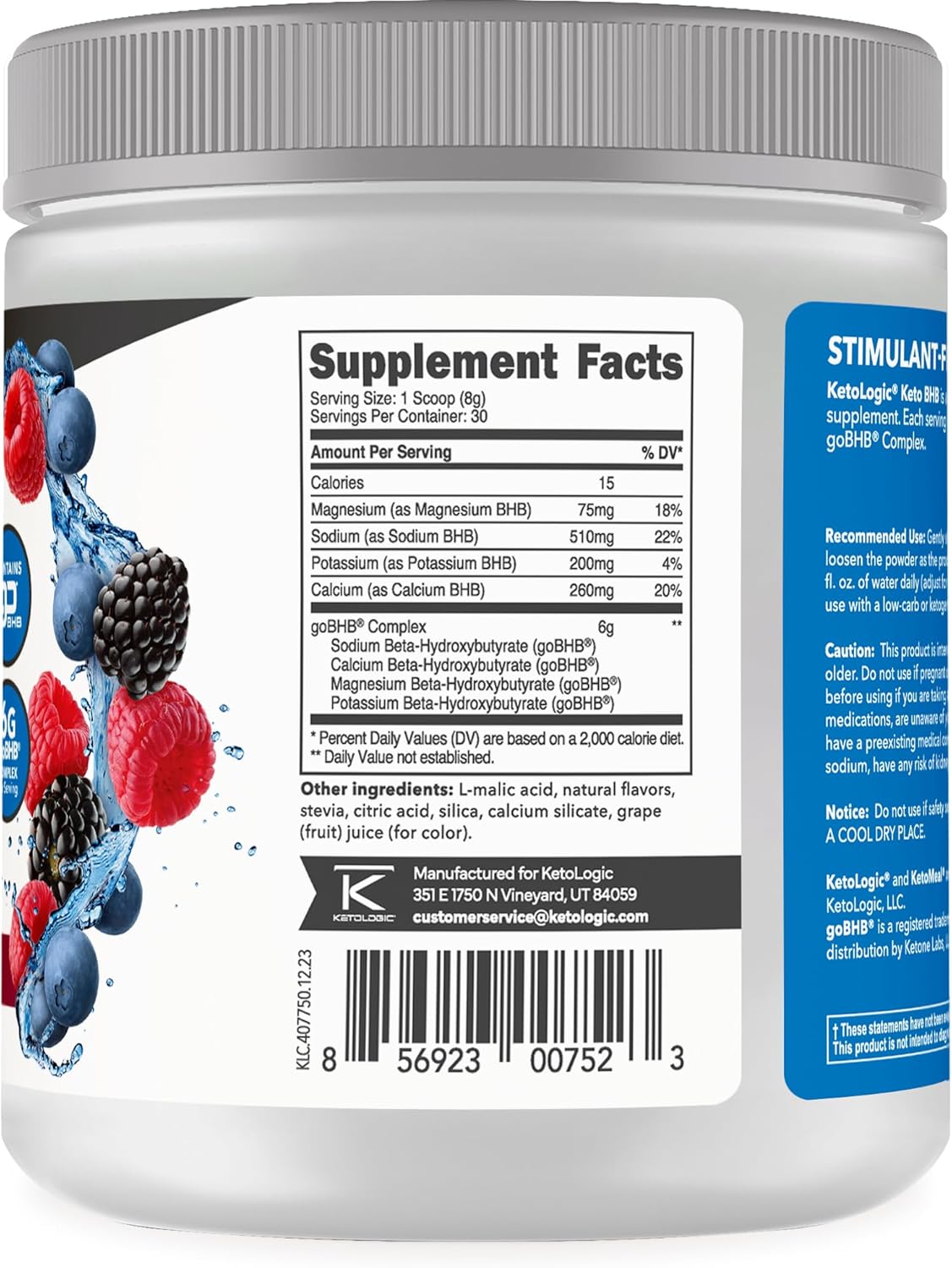Ketologic Keto BHB Exogenous Ketone Supplement - Mixed Berry Flavor, 30 Servings, with goBHB & Beta-Hydroxybutyrate Salts