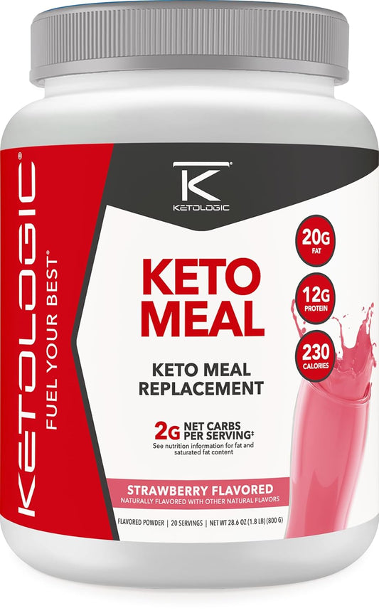 KetoLogic Strawberry Keto Meal Replacement Shake Powder with MCT Oil and Grass-Fed Whey - Ideal Macros for Ketosis - 20 Servings