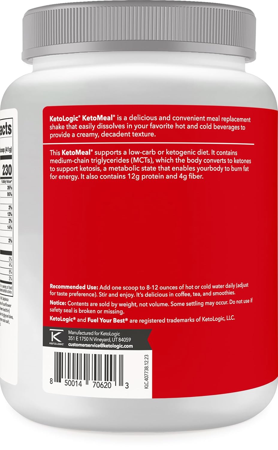 KetoLogic Strawberry Keto Meal Replacement Shake Powder with MCT Oil and Grass-Fed Whey - Ideal Macros for Ketosis - 20 Servings