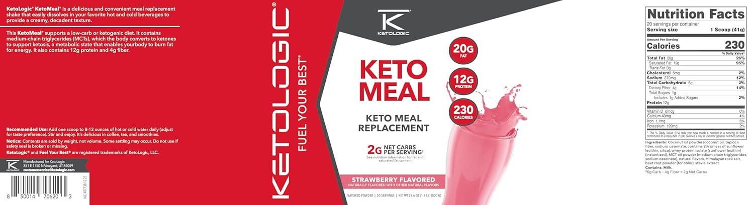 KetoLogic Strawberry Keto Meal Replacement Shake Powder with MCT Oil and Grass-Fed Whey - Ideal Macros for Ketosis - 20 Servings
