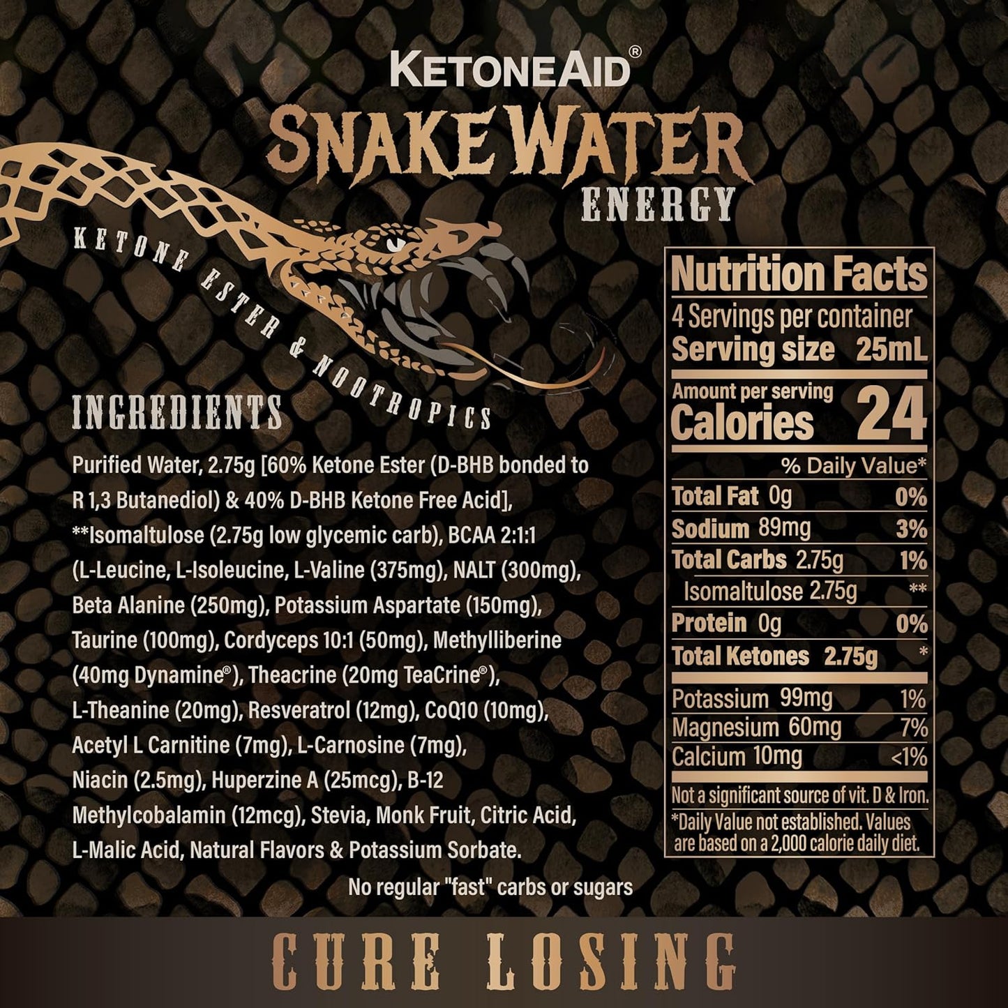 KetoneAid SnakeWater Sports Drink: Ketone Ester with Slow Carbs, Theacrine, & Nootropics - 8 Pack, 32 Servings