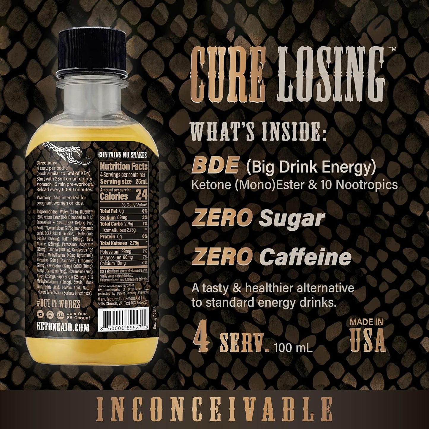 KetoneAid SnakeWater Sports Drink: Ketone Ester with Slow Carbs, Theacrine, & Nootropics - 8 Pack, 32 Servings