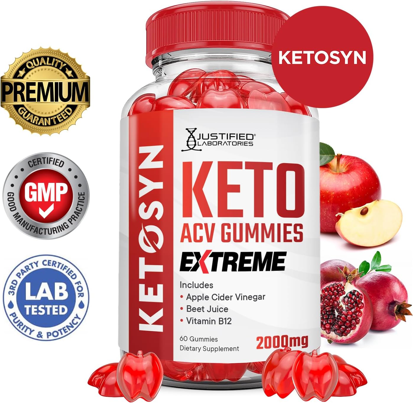 Ketosyn Keto ACV Gummies - 3 Pack of Extreme 2000MG Apple Cider Vinegar Gummies with Pomegranate Beet Juice Powder B12 - Vegan & Non GMO - 180 Gummies