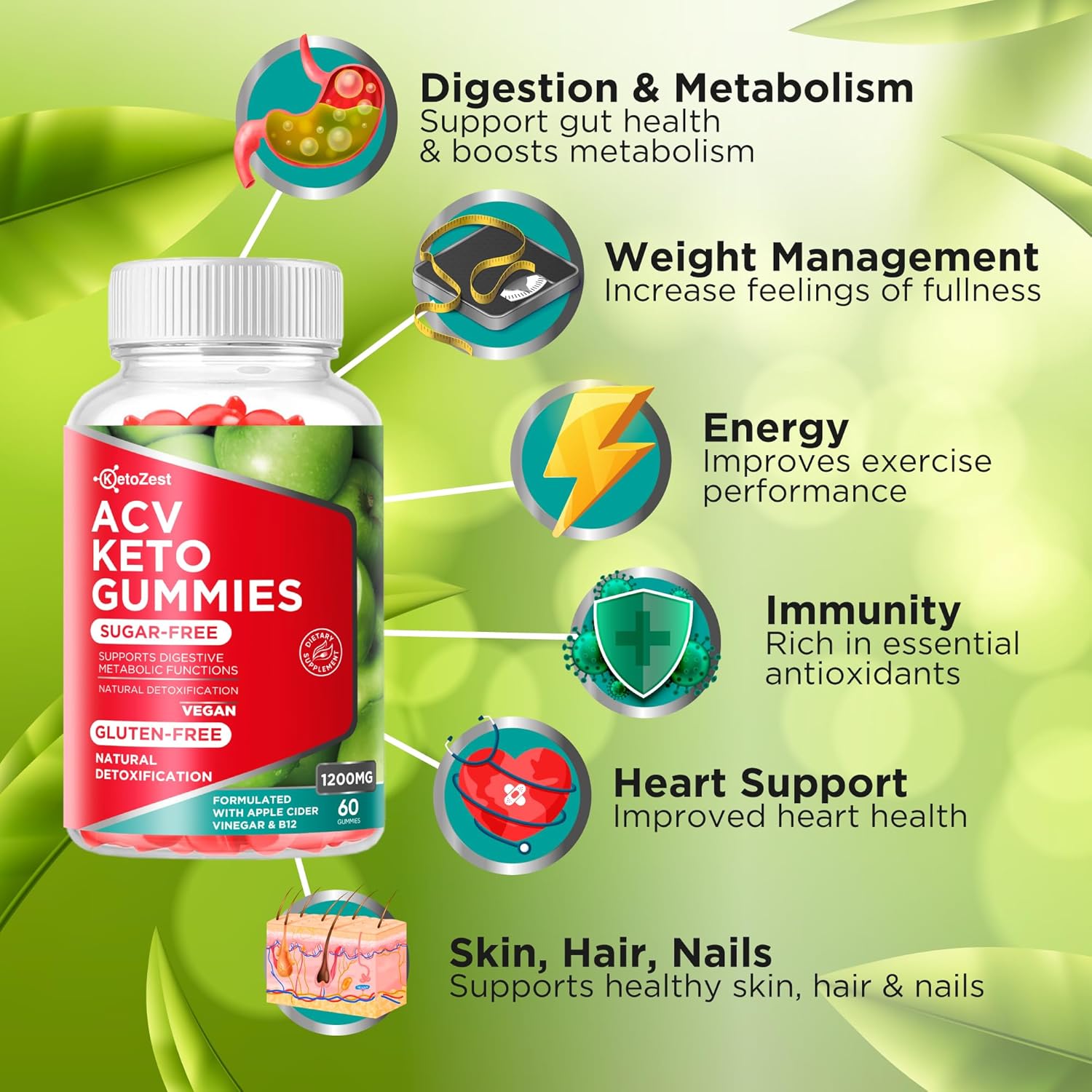 KetoZest Apple Cider Vinegar Gummies - 1200MG Sugar & Gluten Free Supplement for Women and Men