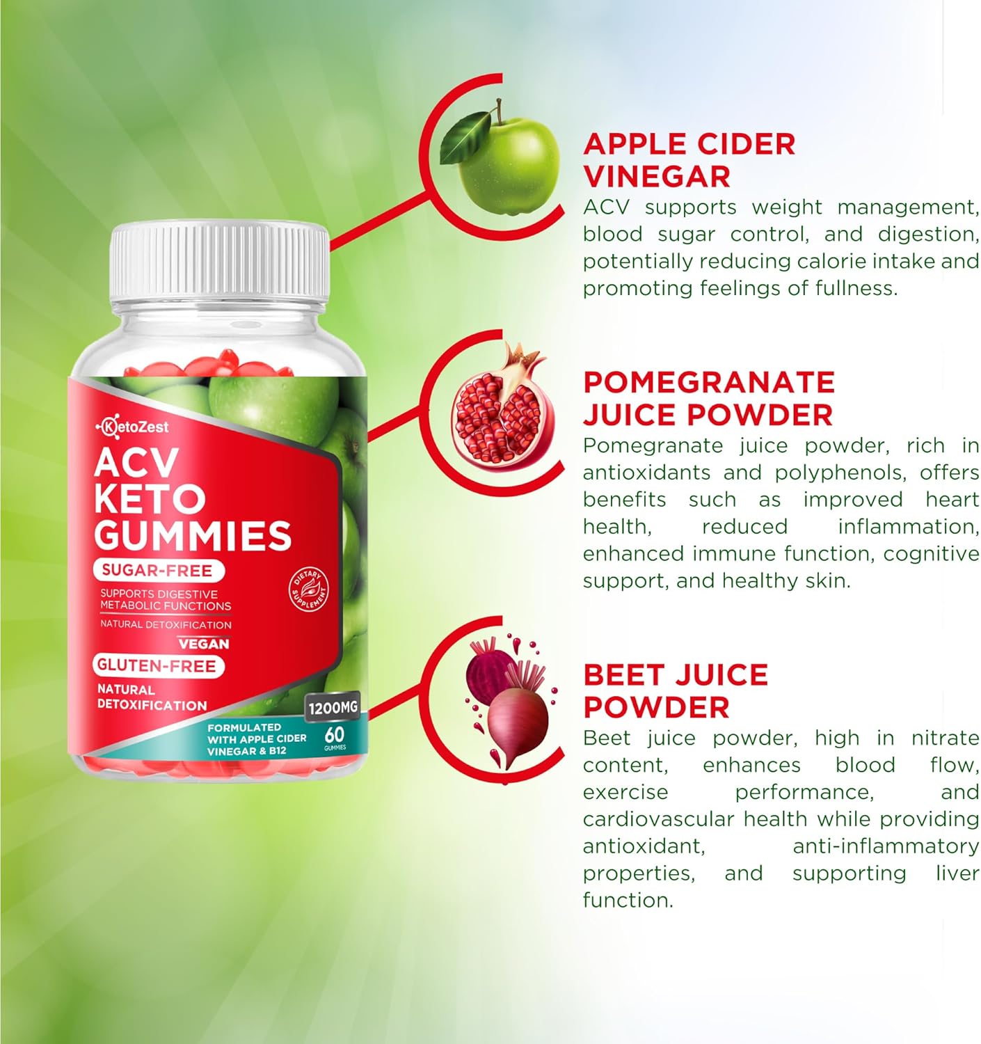 KetoZest Apple Cider Vinegar Gummies - 1200MG Sugar & Gluten Free Supplement for Women and Men