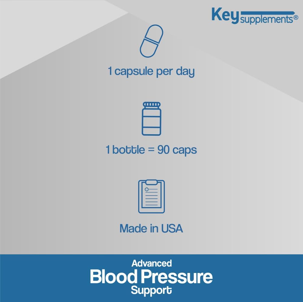 Key Supplements Blood Pressure Support Capsules with Niacin, Vitamin C, B6, B12, Garlic, Hibiscus, Olive Leaf - 90 Count