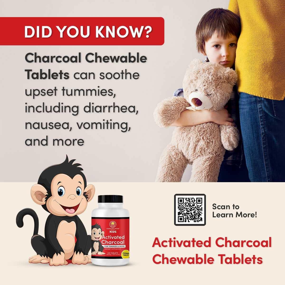 Kid-Friendly Chewable Activated Charcoal Tablets | Natural, Vegan, Non-GMO | Teeth, Stomach, Gas Relief | USP Food Grade | 135 ct.