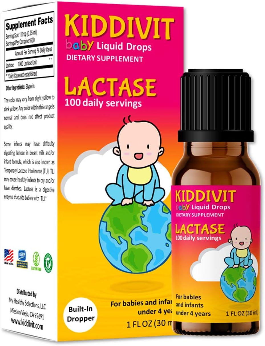 Kiddivit Baby Lactase Liquid Drops - 1000 Units, 100 Servings, 1 Fl Oz - Dropper, Glass Bottle - Sugar & Gluten Free