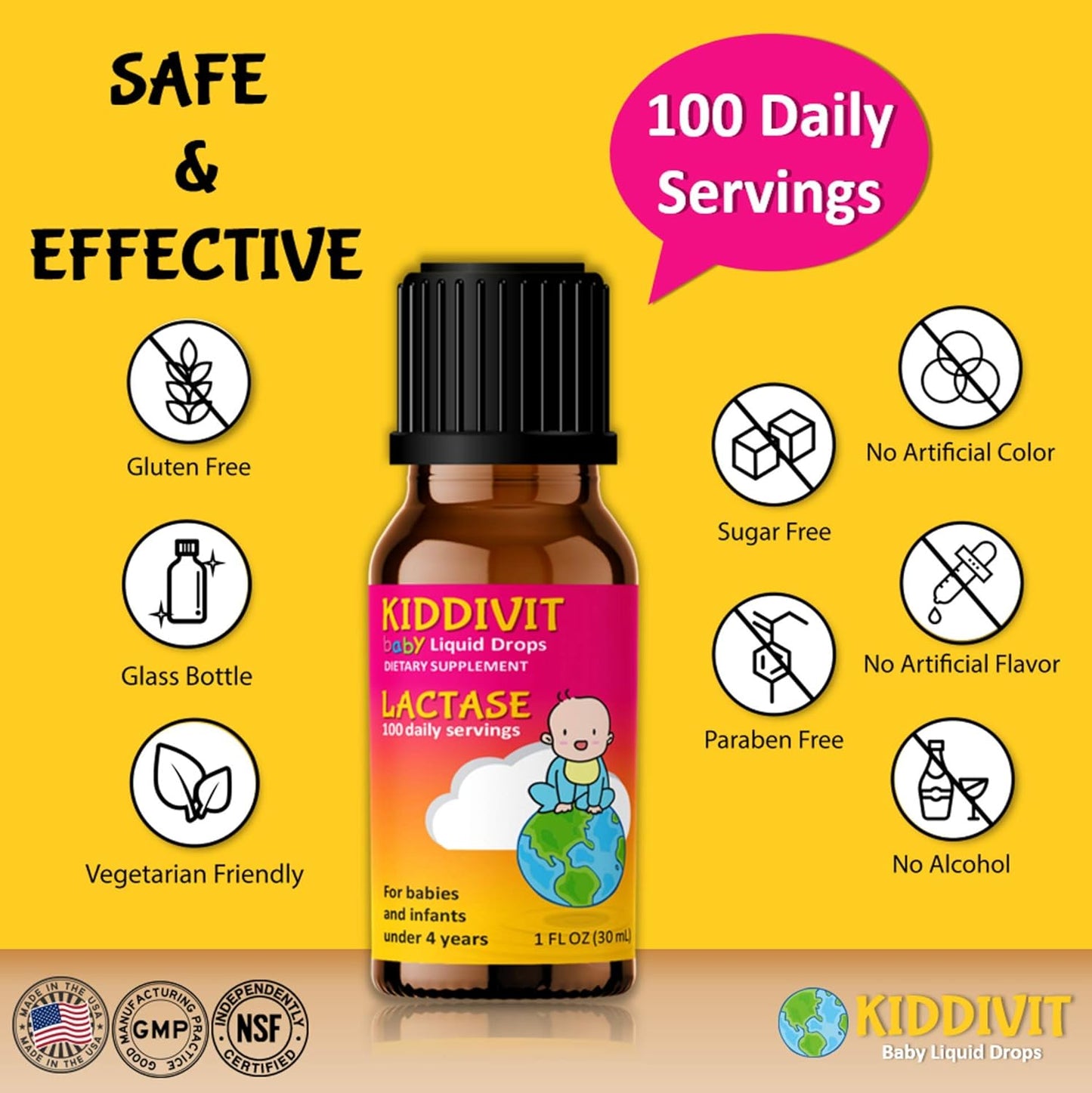 Kiddivit Baby Lactase Liquid Drops - 1000 Units, 100 Servings, 1 Fl Oz - Dropper, Glass Bottle - Sugar & Gluten Free