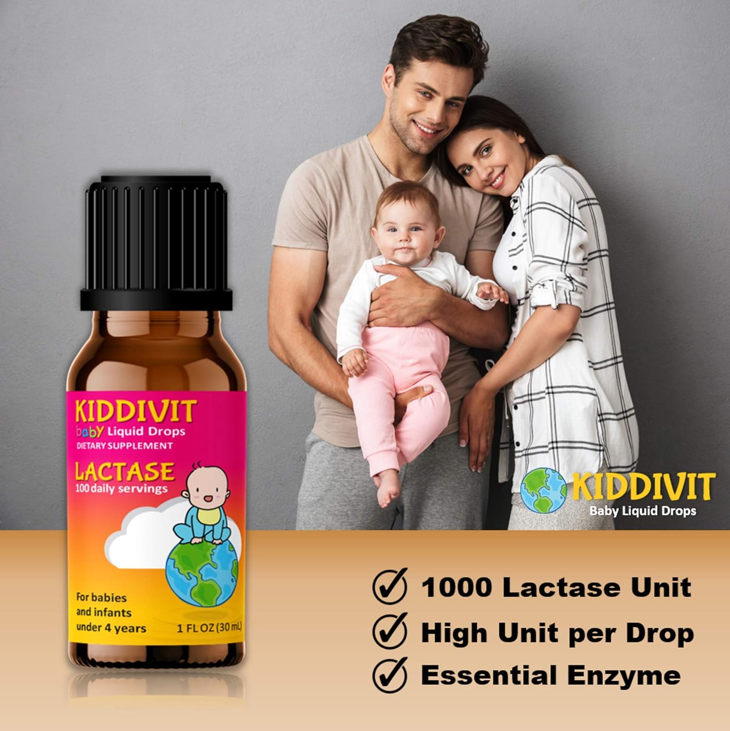 Kiddivit Baby Lactase Liquid Drops - 1000 Units, 100 Servings, 1 Fl Oz - Dropper, Glass Bottle - Sugar & Gluten Free