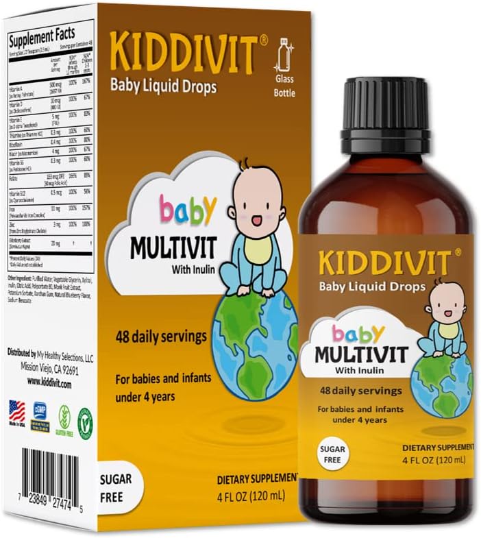 Kiddivit Baby Multivitamin Liquid Drops - 48 Daily Servings, 4 Fl Oz Bottle - Sugar Free, Gluten Free, Vegetarian - With Inulin