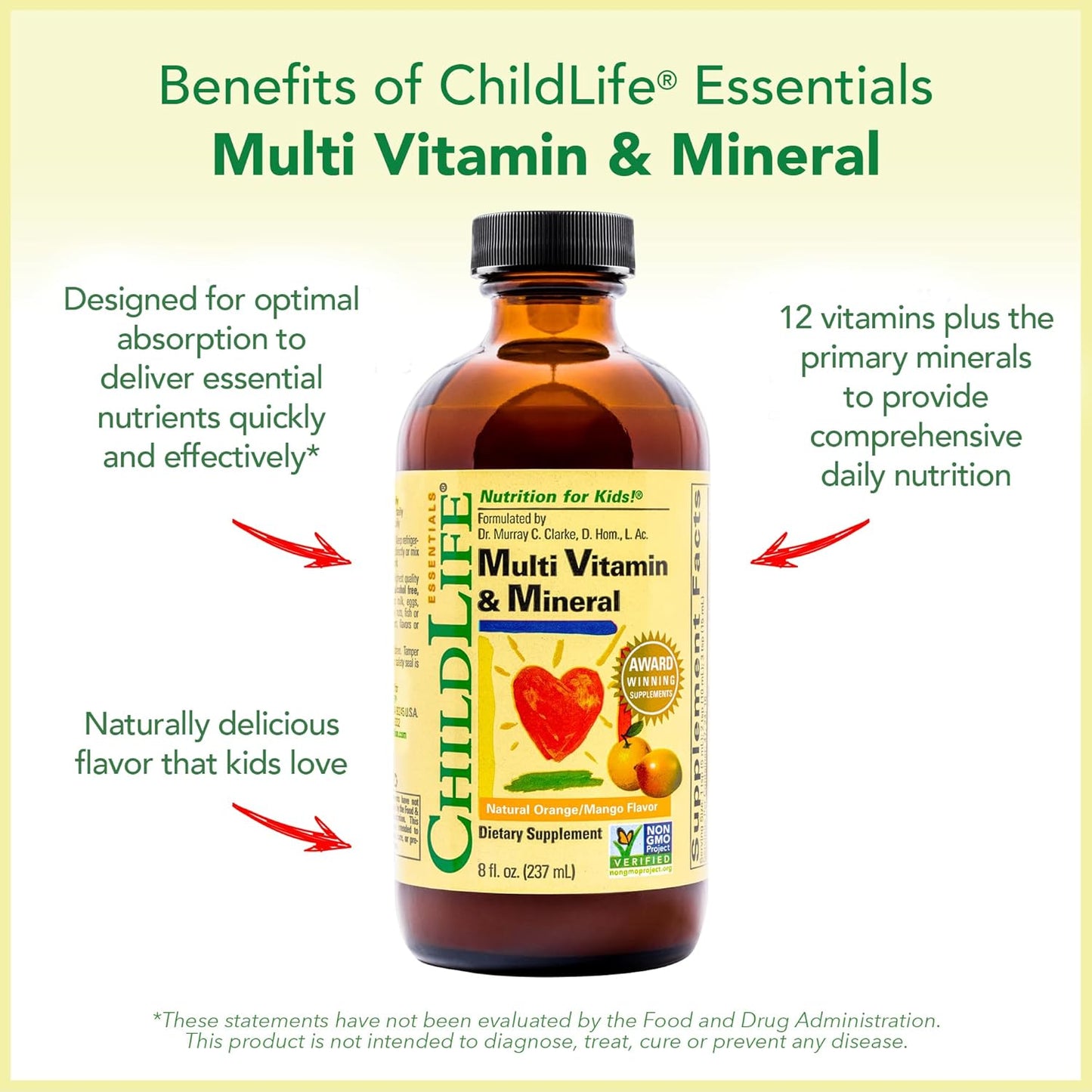 KidLife Essentials Liquid Multivitamin - Children's Vitamins with Minerals, Toddler & Baby Multivitamins - Natural Orange & Mango Flavor - 8 Fl Oz