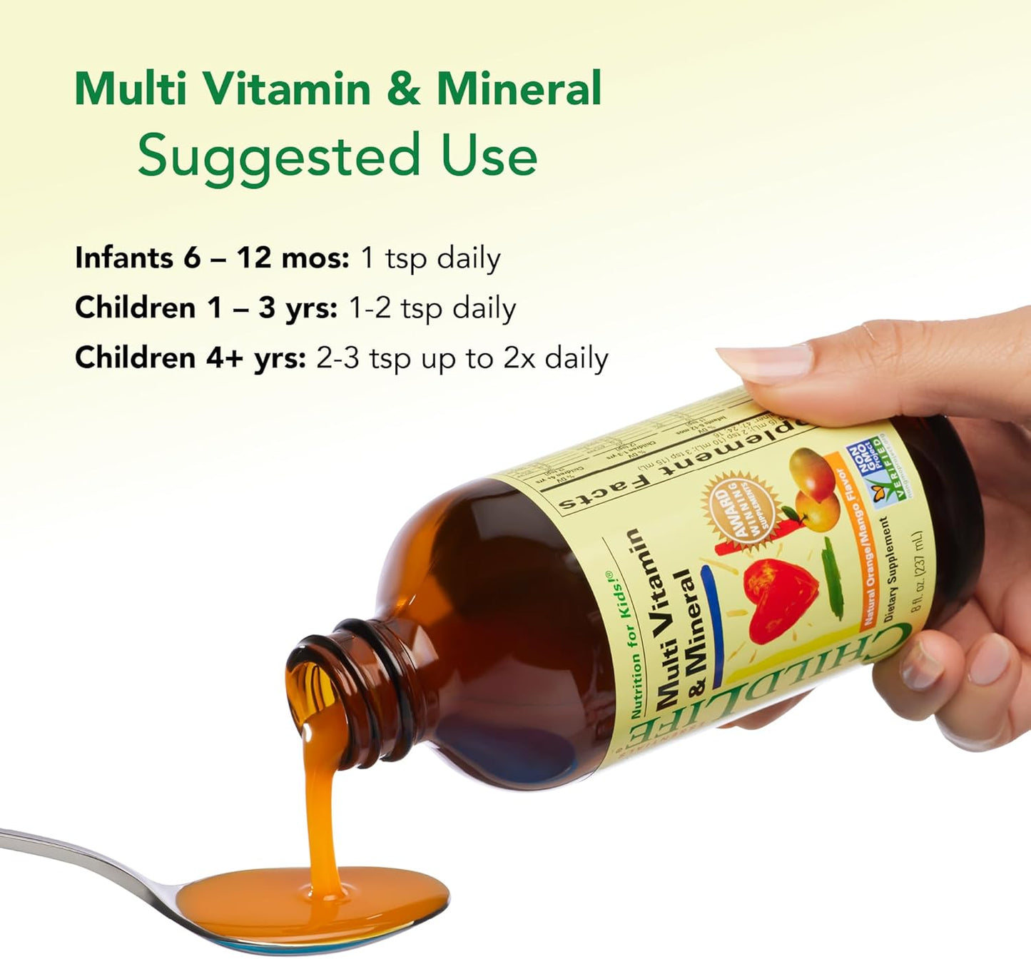 KidLife Essentials Liquid Multivitamin - Children's Vitamins with Minerals, Toddler & Baby Multivitamins - Natural Orange & Mango Flavor - 8 Fl Oz