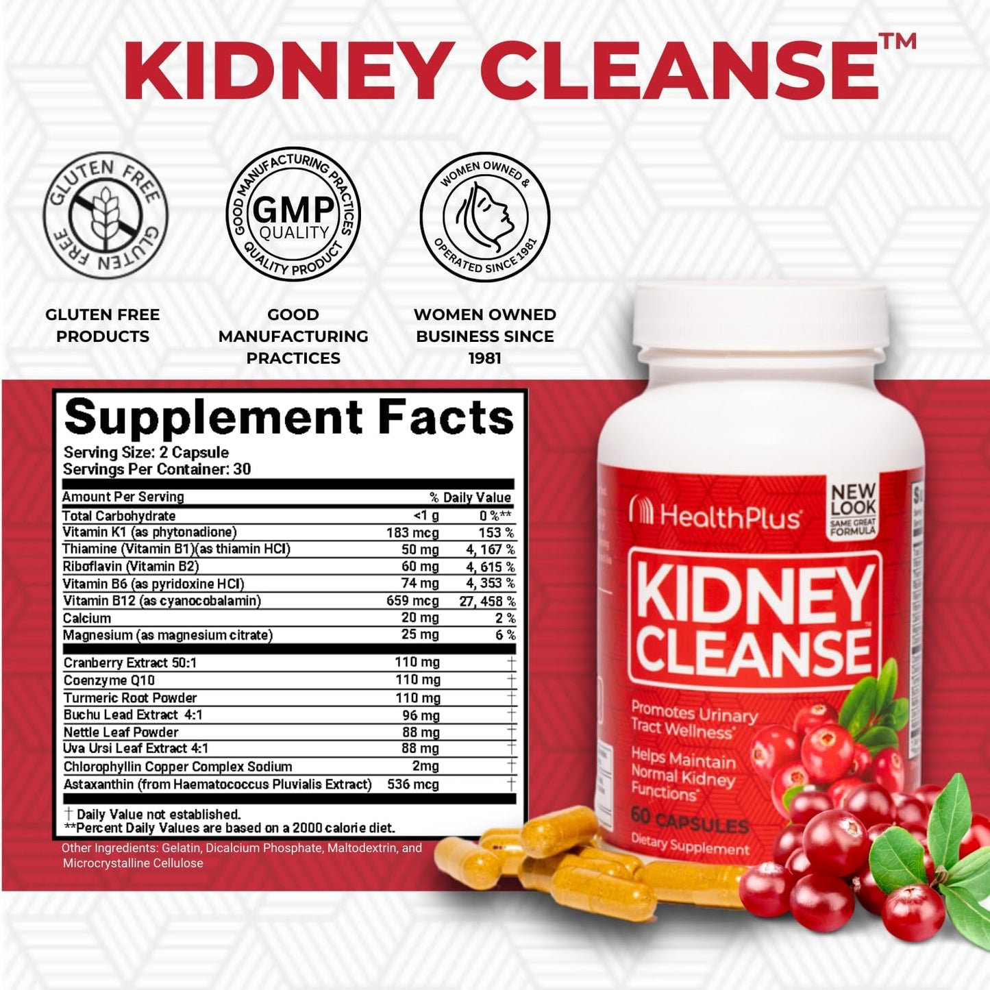 Kidney Cleanse Supplement with Cranberry Extract, Turmeric Root, CoQ10 - Supports Healthy Kidney Function & Urinary Tract Wellness - 60 Capsules